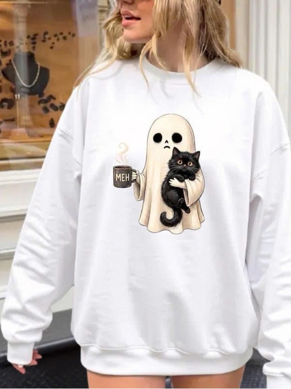 White Cat Ghost Graphic Sweatshirt for Cat Lovers